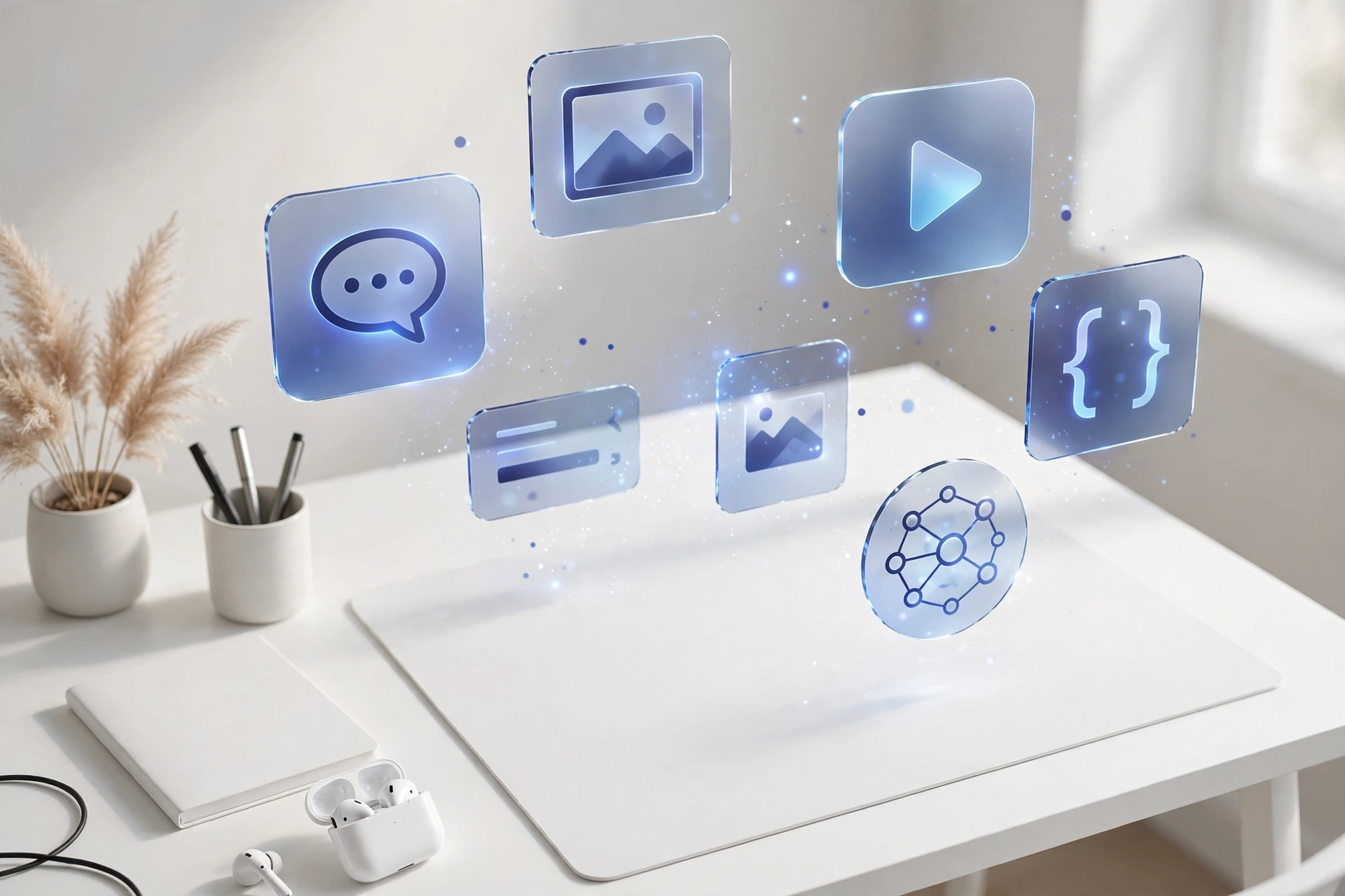 A curated collection of AI tool icons and interfaces arranged on a clean desk